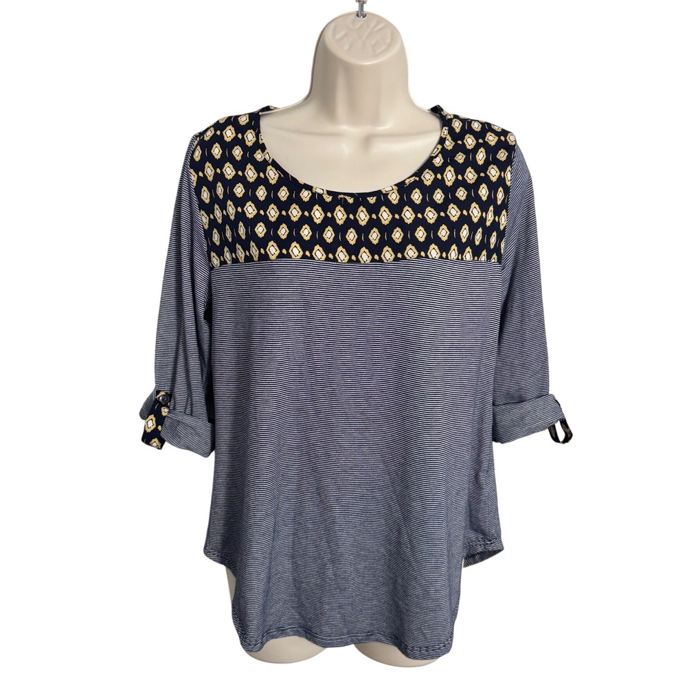 Le Lis Sutherlin Contrast Print Stripe Top Navy Sz M Roll Tab Sleeve Blouse